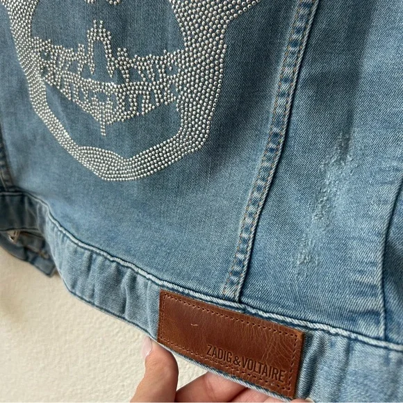 $448 Zadig & Voltaire Kioky Denim Skull Strass Jacket S Small Embellished Jean - Picture 10 of 14